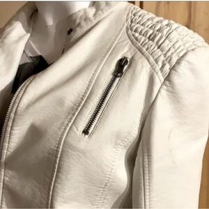 White Faux Leather Jacket with Ruched Shoulders and Textured Finish